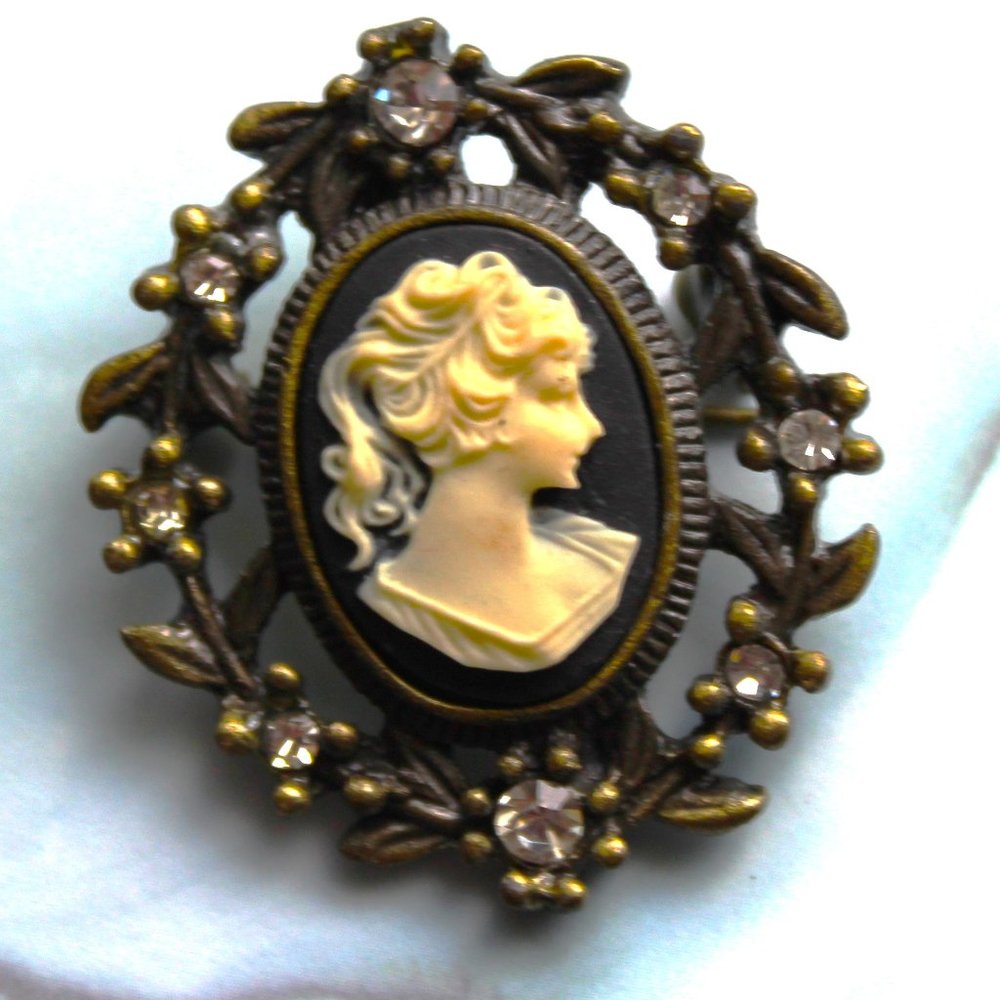 Brushed Bronze Cameo Brooch with Rhinestone Accents